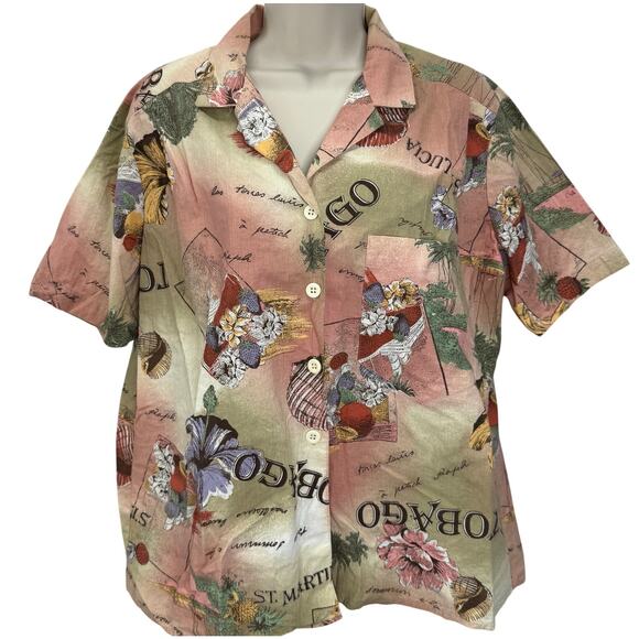 Vintage Lucia Caribbean Island Print Button Shirt Size 16 St Croix Tobago Floral - Picture 1 of 7